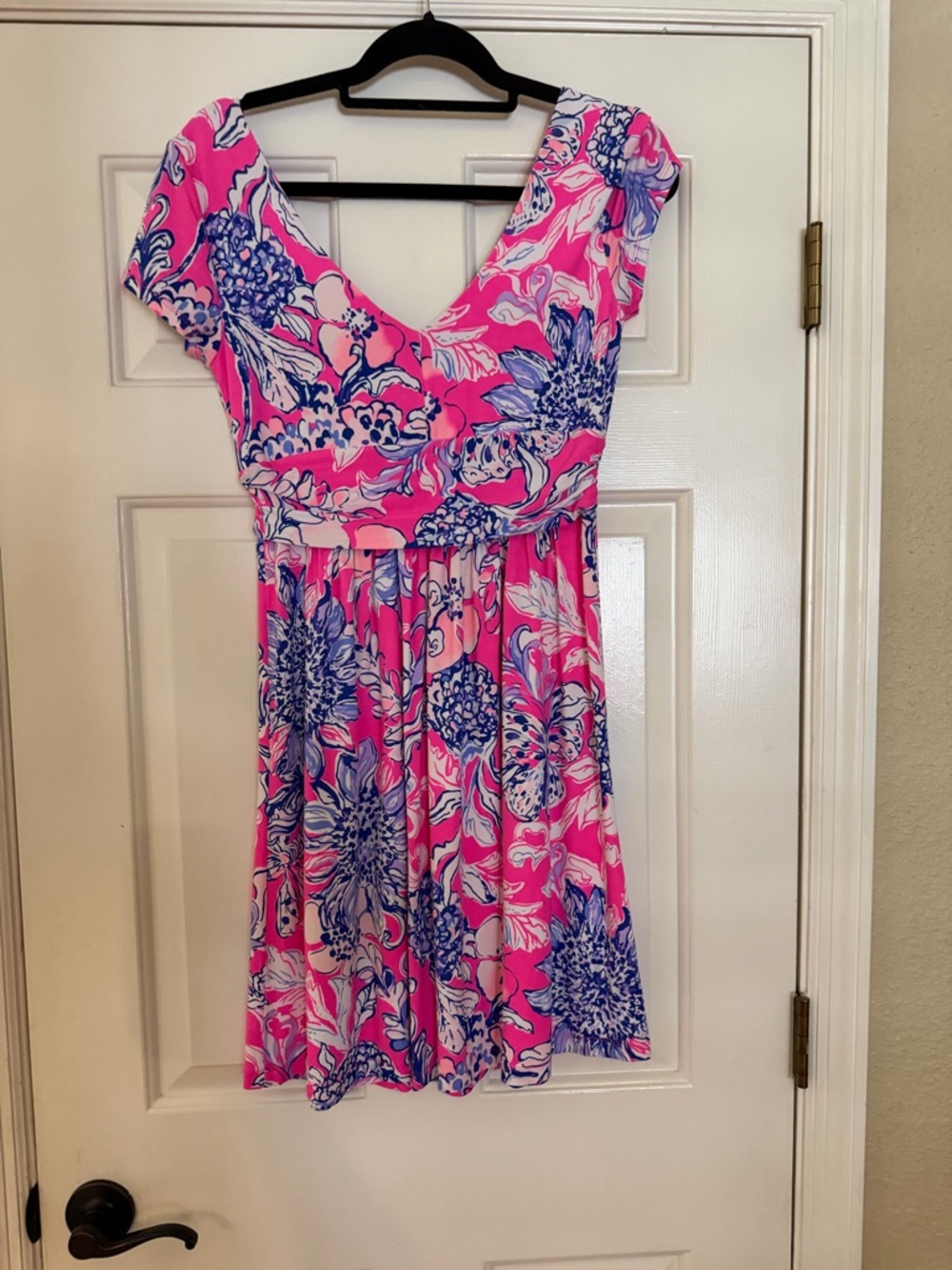 Lilly Pulitzer Pink & Blue Floral V-Neck Mini Dress SZ LG - Picture 2 of 3